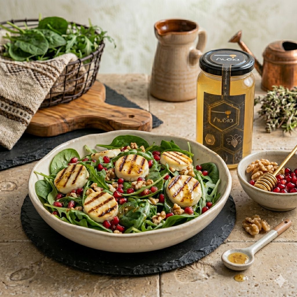 Πράσινη σαλάτα με ψητό μανούρι και dressing μελιού